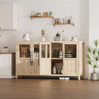 GarveeHome Sideboard Buffet Cabinet with 4 Glass Doors, 55 in Buffet Table Coffee Bar Wine Bar Display Cabinet for Kitchen Dining Room, Living Room (Glass with 4 Doors, Natrual)