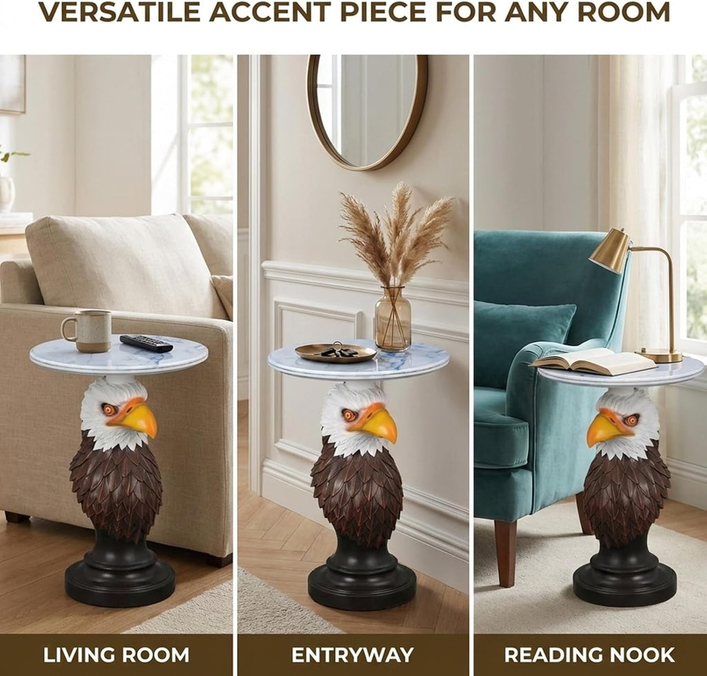 Animal End Tables, Eagle Head Accent Table with Artificial Marble Top, Resin Animal Statue Side Table for Living Room, Bedroom, Man Cave, Home Bar