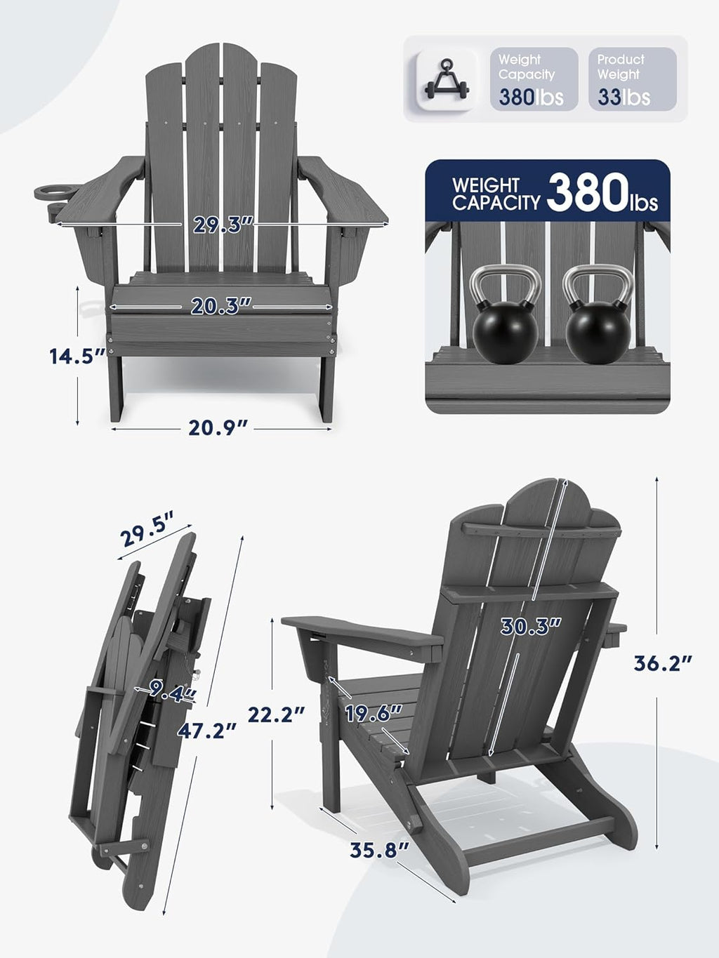 KINGYES Adjustable Folding Adirondack Chair Set of 2, 3-Position Reclining Adirondack Chairs with Cup Holder, HDPE All-Weather Oversized Adirondack for Outdoor, Patio, Backyard Deck, Fire Pit, Gray