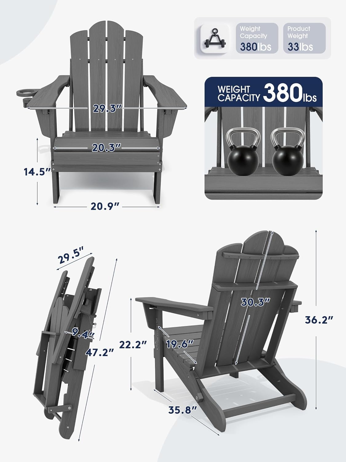 KINGYES Adjustable Folding Adirondack Chair Set of 2, 3-Position Reclining Adirondack Chairs with Cup Holder, HDPE All-Weather Oversized Adirondack for Outdoor, Patio, Backyard Deck, Fire Pit, Gray