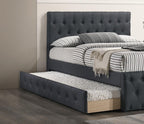 Contemporary Full Size Bed w, Trundle Slats Charcoal Burlap Upholstered Button Tufted Headboard Footboard Youth Bedroom Furniture Wooden Slats 1pc Bed