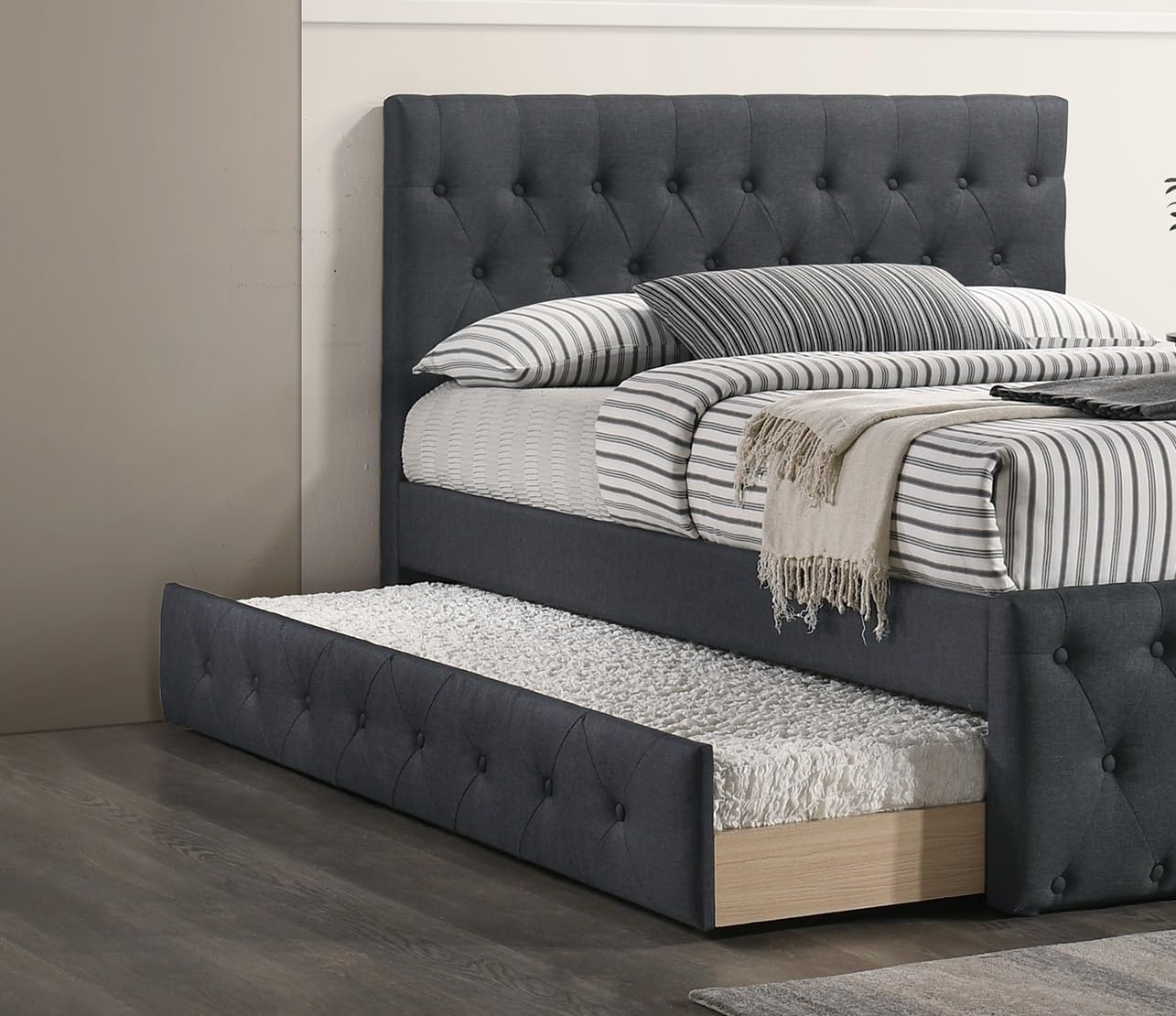 Contemporary Twin Size Bed w, Trundle Slats Charcoal Burlap Upholstered Button Tufted Headboard Footboard Youth Bedroom Furniture Wooden Slats 1pc Bed