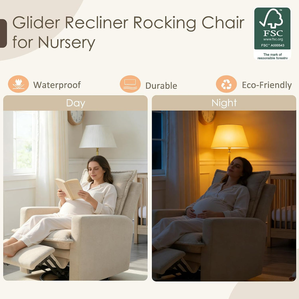 Nursery Glider Recliner Rocking Chair Modern Adult Nursery Recliner High Back Nursery Swivel Rocker Recliner for Living Room Bedroom Nursery and RV Beige