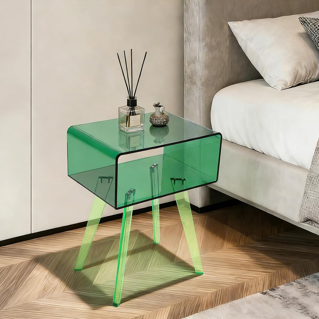 Acrylic Side Table, Round End Table with Storage, 19.7" H Small Modern Bedside Tables Nightstand, Home Decor Accent Table for Living Room Bedroom Office (Green)