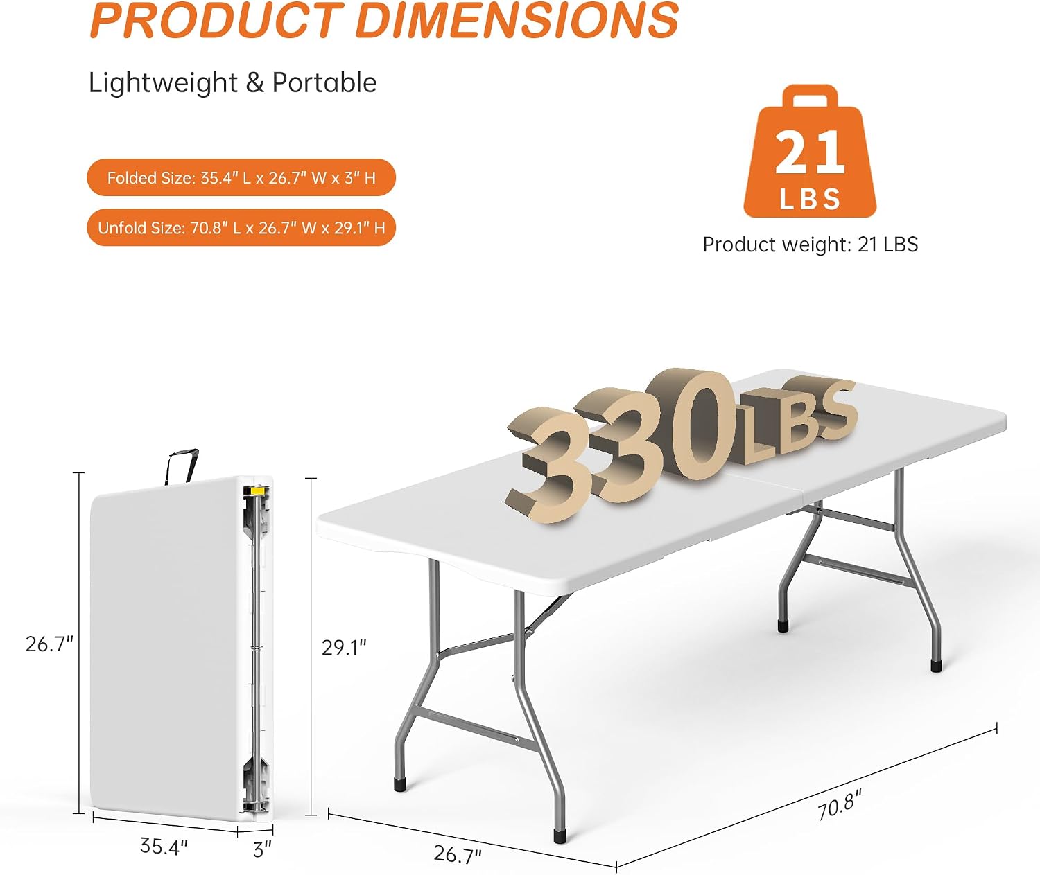 VSOAEIL Set of 2 6 Foot Folding Table for Indoor Outdoor, Portable Heavy Duty Fold-in-Half Utility Plastic Foldable Dining Table with Carrying Handle for Picnic, Camping and Party, 2 Pack White