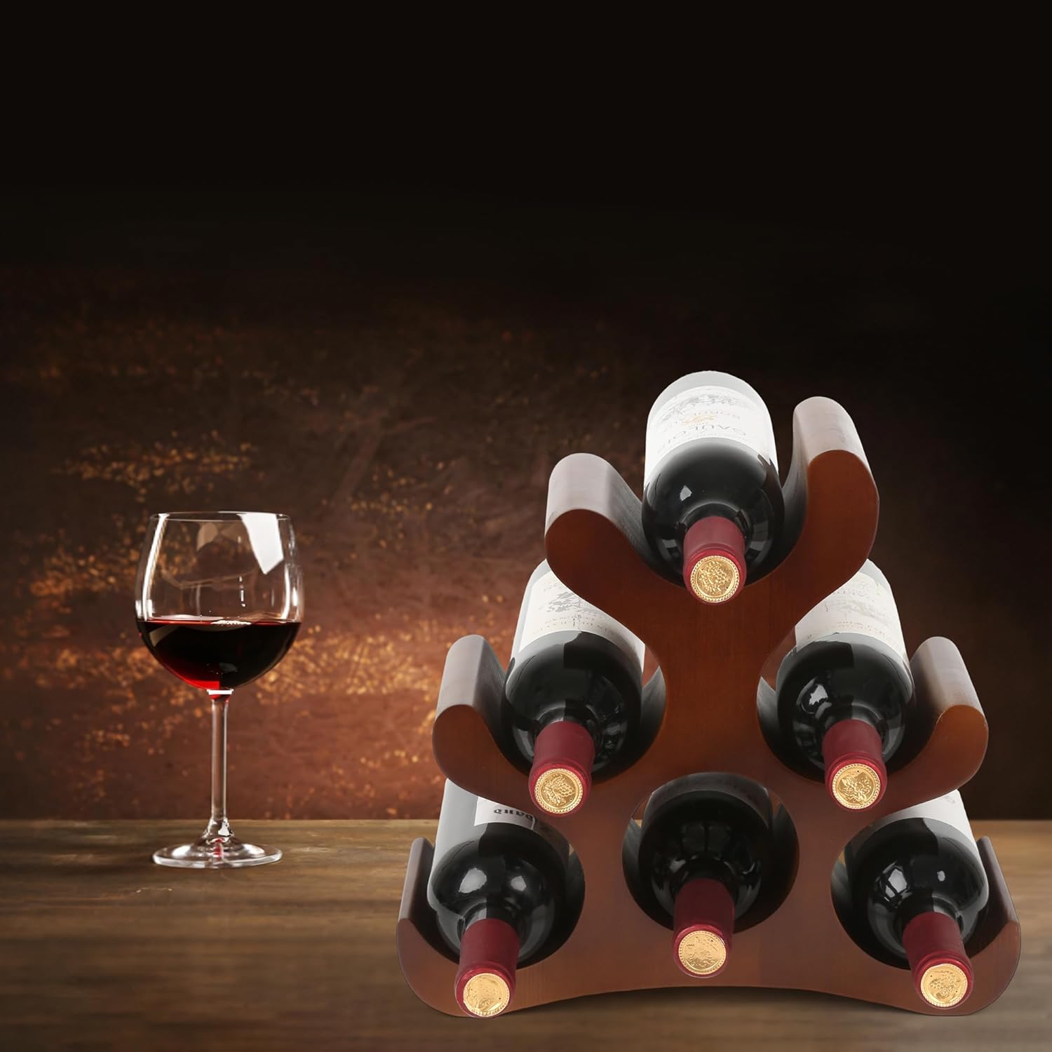 Countertop Wine Rack - 6 Bottle Wooden Wine Rack - Freestanding Wine Bottle Holder Stand - Wine Storage Rack for Cabinet Pantry Bar Kitchen