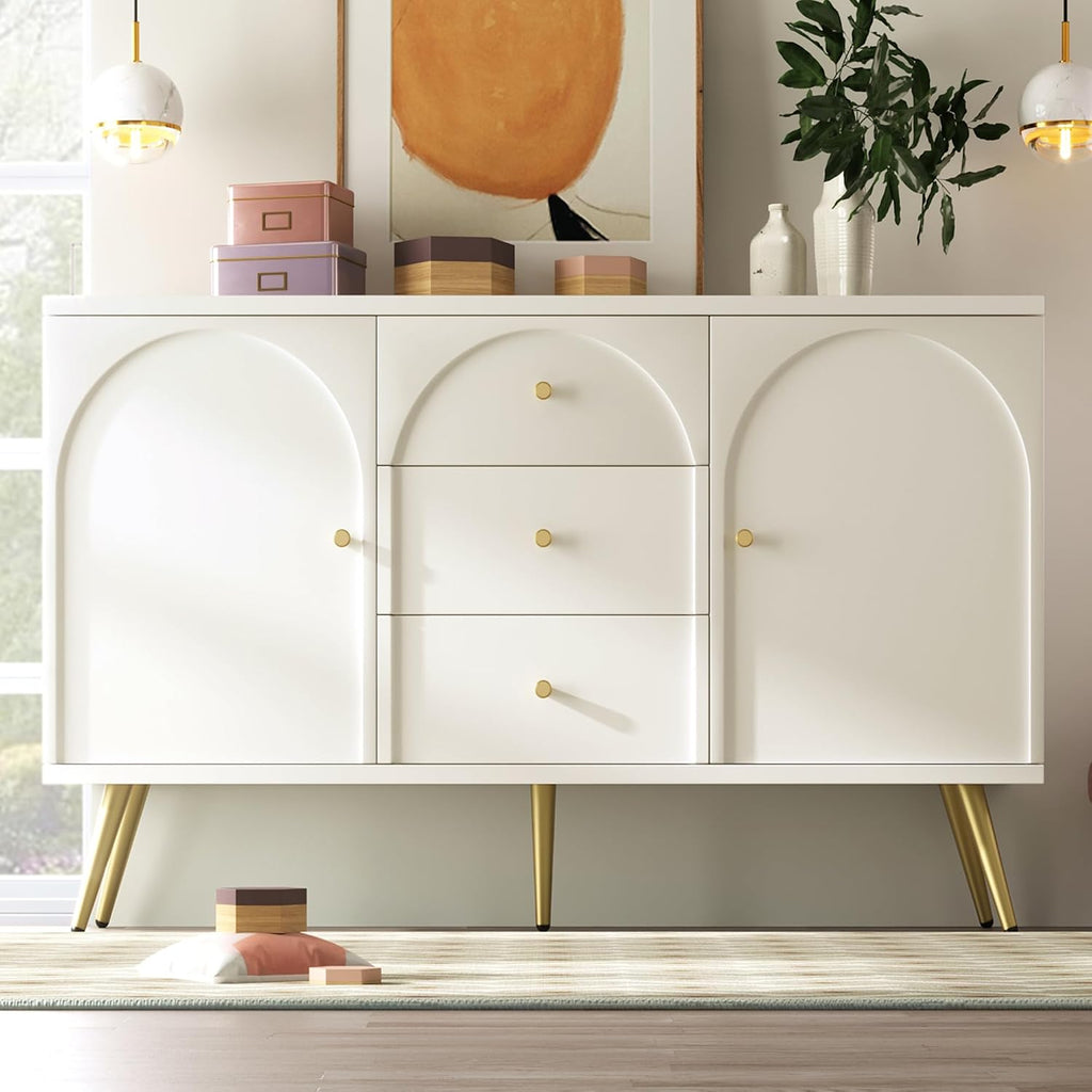 CYJZH Modern Metal Foot Two Door Dining Cabinet, Combining Wood and Metal, Simple Style, Dining/Living Room/Kitchen Storage cabinets, Providing Large Storage Space (2Cream White + MDF)