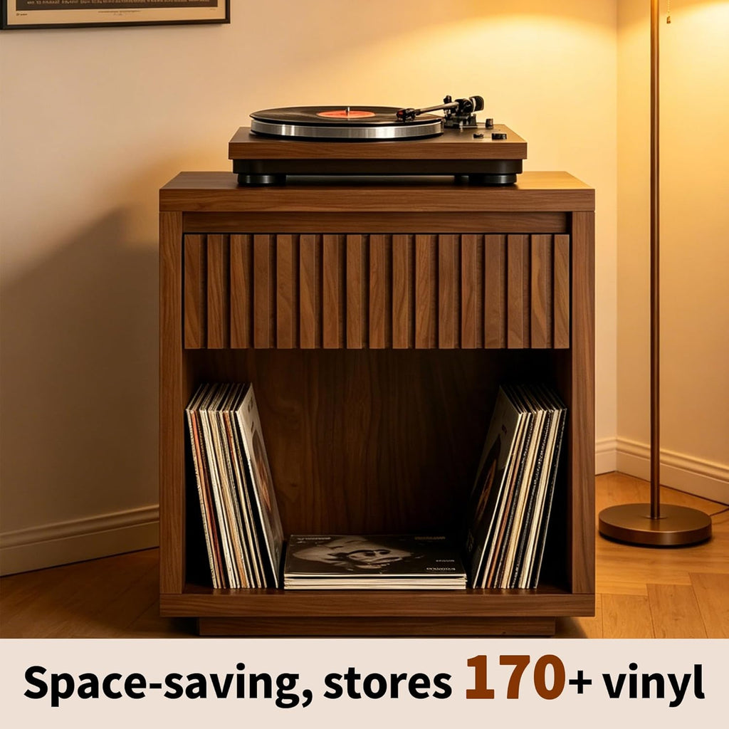 Record Player Stand, Vinyl Record Player Stand Holds Up to 170 Albums with Drawer and Storage Shelf, Turntable Stand for Living Room, Walnut