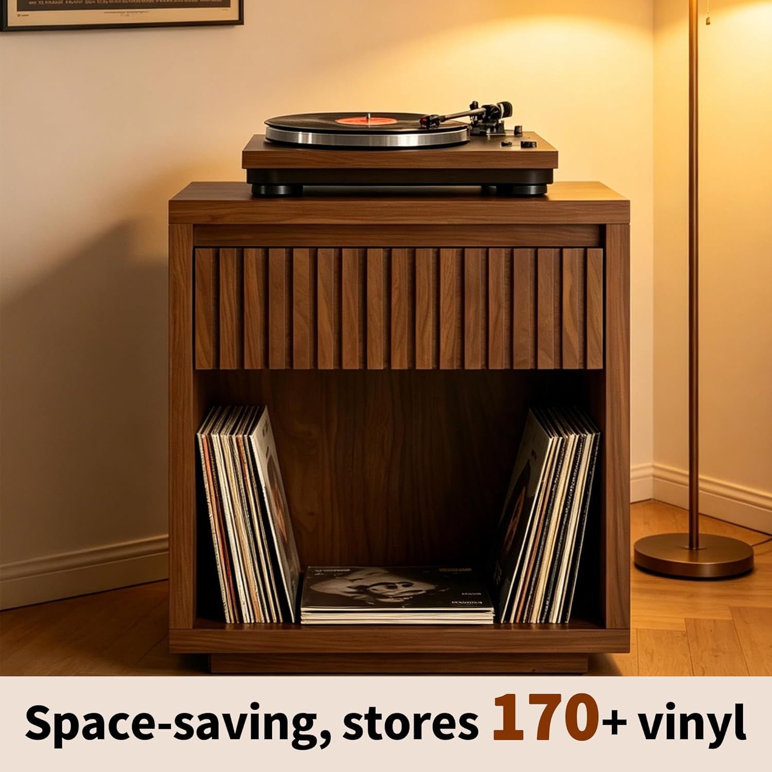 Record Player Stand, Vinyl Record Player Stand Holds Up to 170 Albums with Drawer and Storage Shelf, Turntable Stand for Living Room, Walnut