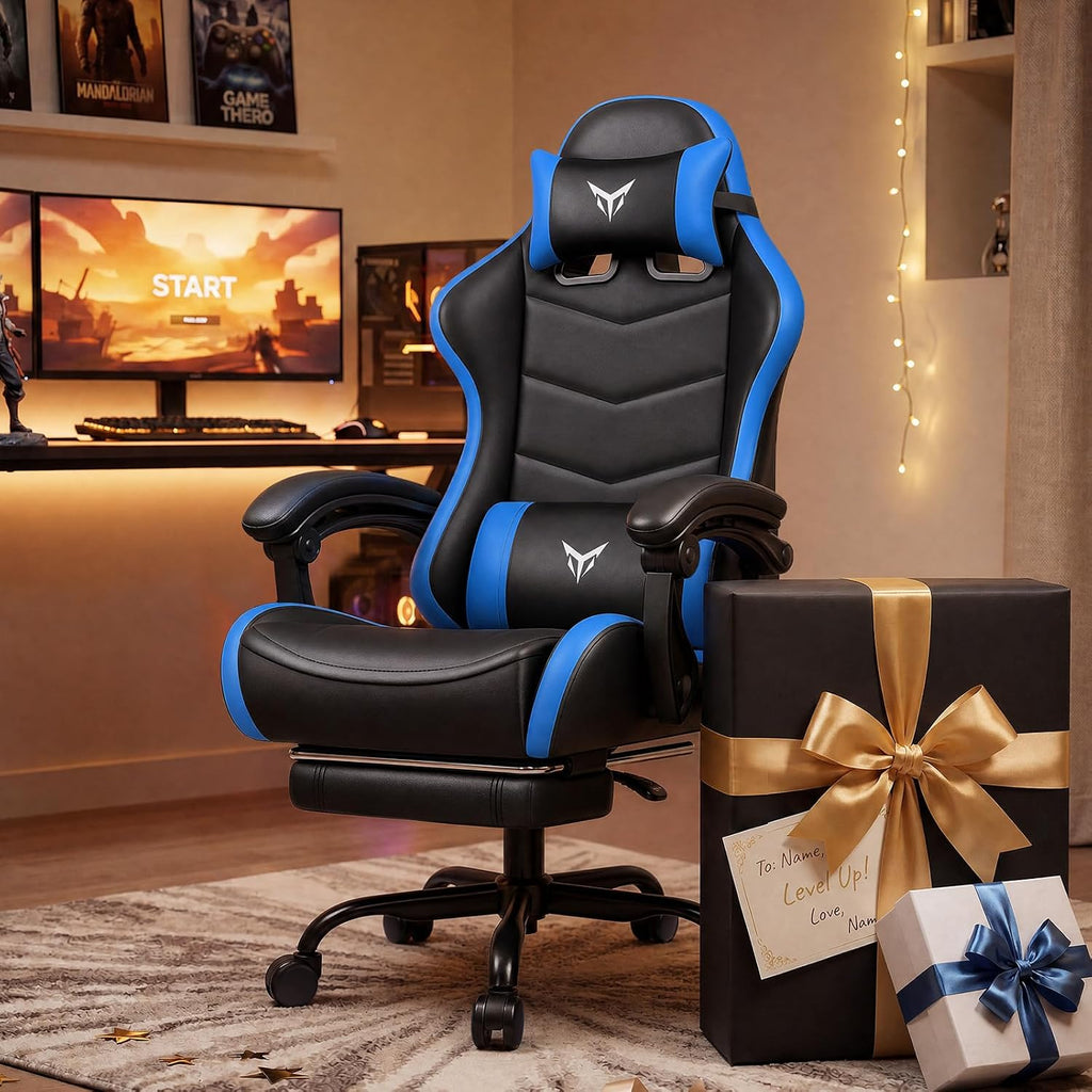 EXRACING Gaming Chair with Footrest, Ergonomic Computer Chair 350lbs High Back for Adults, Height Adjustable Video Game Chair with Headrest and Lumbar Support, 360° Swivel, PU Leather, Blue