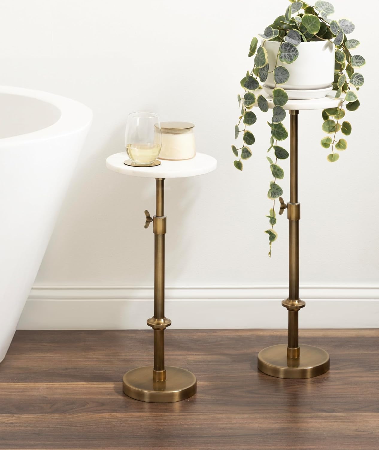 Kate and Laurel Engles Traditional Adjustable-Height Pedestal Drink Table, 10 x 10 x 30, White Marble and Antique Brass, Vintage Round Indoor Metal Plant Stand with Authentic Marble Tabletop