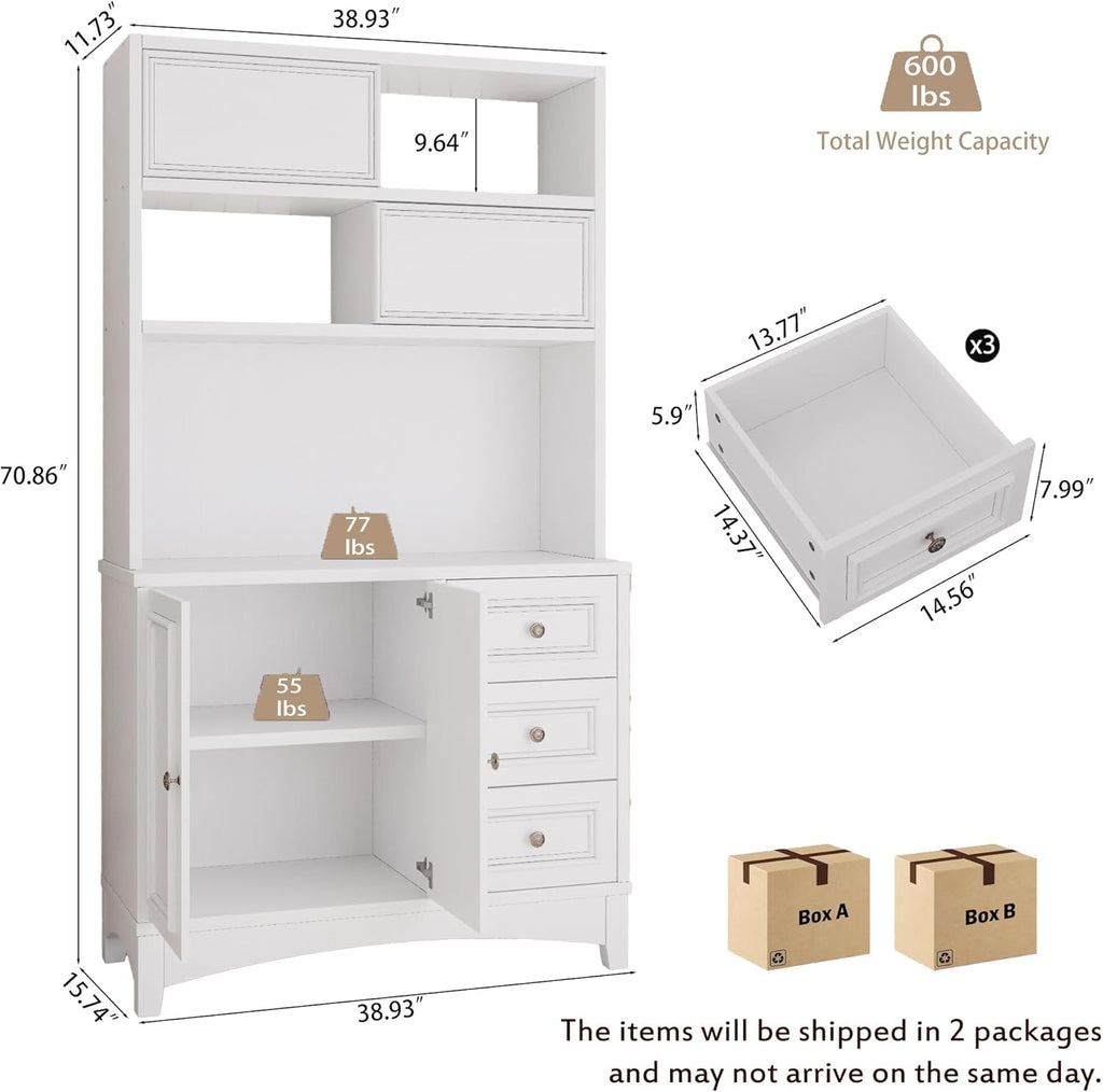 BOSHIRO 71" Farmhouse White Pantry Cabinet with Charging Station, 4-Type Storage & Anti-Tip Design, Kitchen Cabinet with Adjustable Shelves