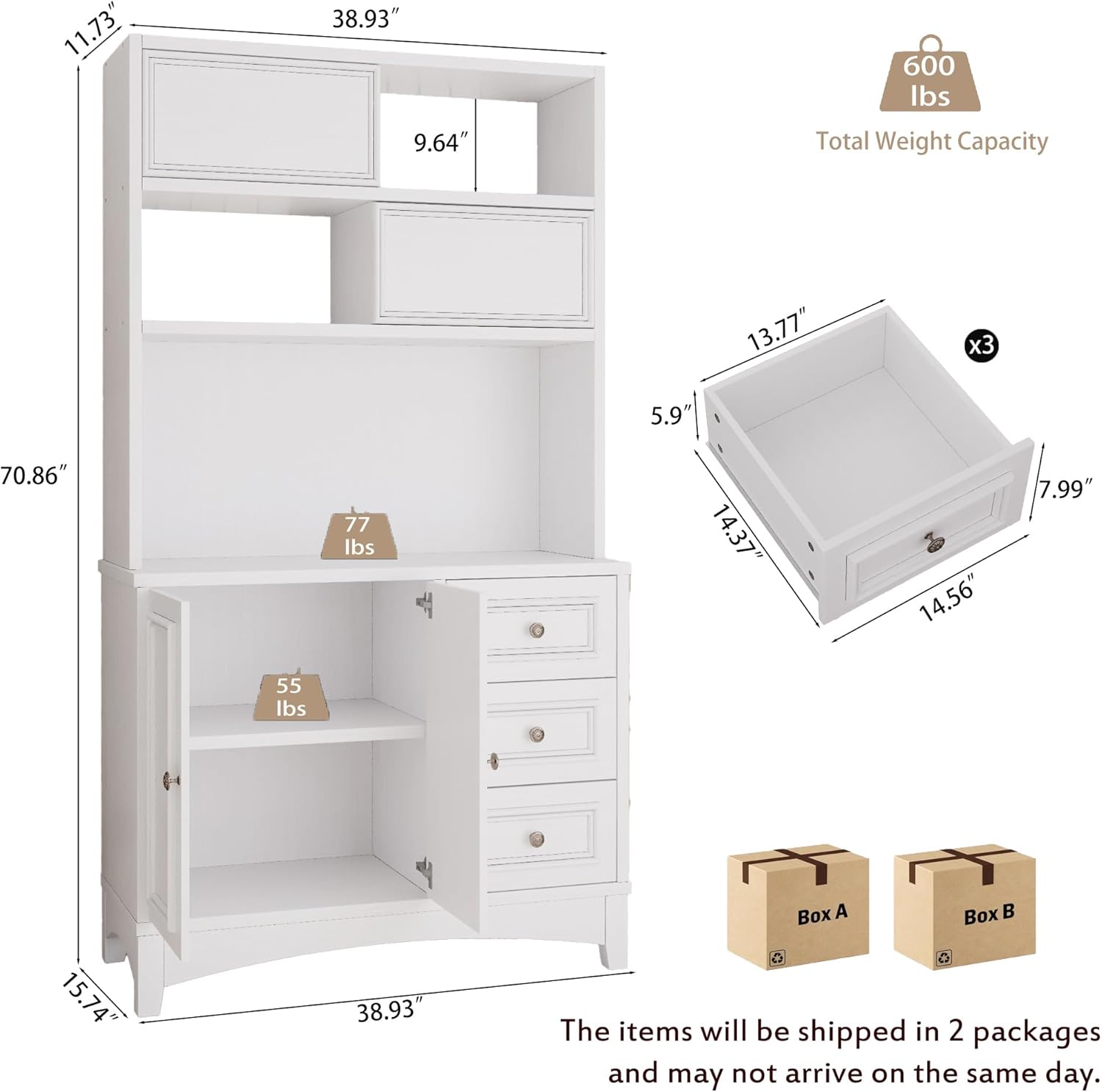 BOSHIRO 71" Farmhouse White Pantry Cabinet with Charging Station, 4-Type Storage & Anti-Tip Design, Kitchen Cabinet with Adjustable Shelves