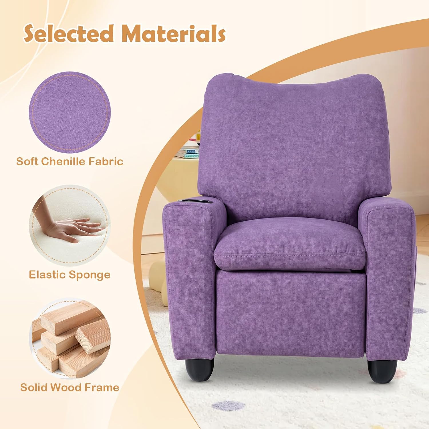 HONEY JOY Kids Recliner with Cup Holder, Chenille Fabric Upholstered Push Back Toddler Sofa w/Storage Pockets, Adjustable Backrest & Footrest, Child Reclining Chair for Ages 3+, Purple