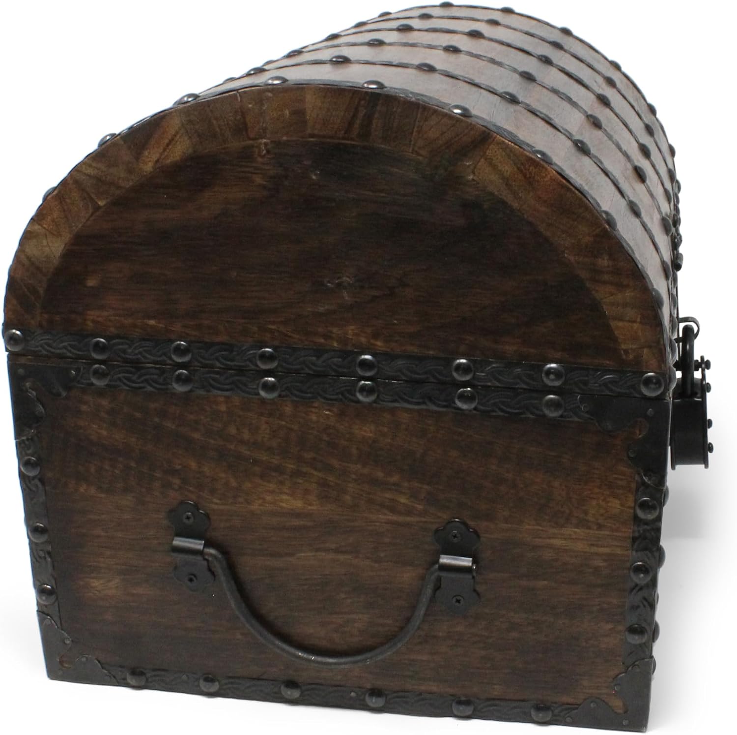 Nautical Cove Wood Treasure Chest with Decorative Rivets and Reinforcing Iron Strips with Lock and Skeleton Keys (Dark Antique, Large 13x10x10) – Wooden Keepsake Box, Pirate Decor, Storage Chest