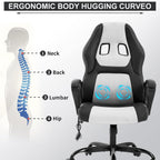 Gaming Chair Massage Office with Lumbar Support Headrest, Ergonomic Desk Padded Armrest, PC Racing Style Computer Chair, Modern Rolling Swivel White, 19.3 x 18.1 45.7 inches