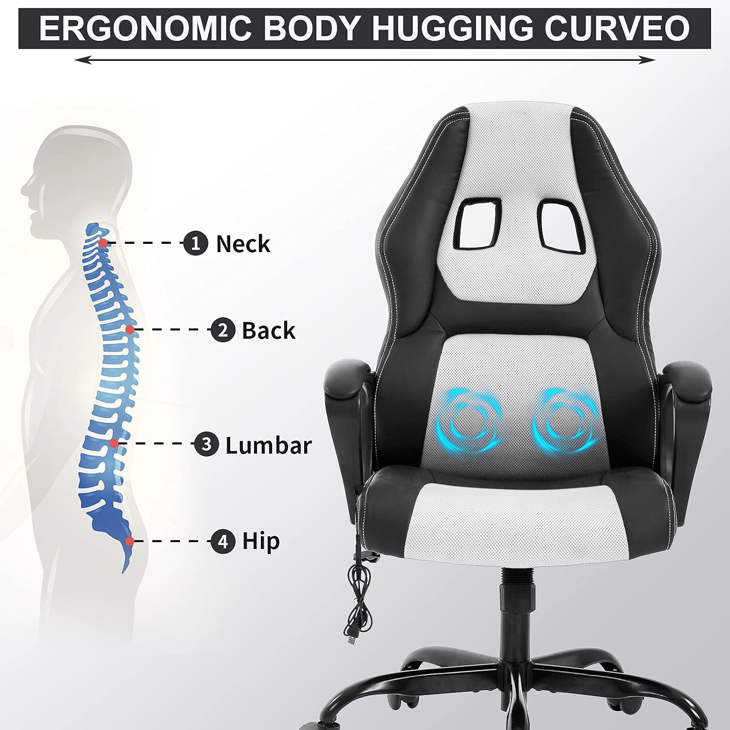 Gaming Chair Massage Office with Lumbar Support Headrest, Ergonomic Desk Padded Armrest, PC Racing Style Computer Chair, Modern Rolling Swivel White, 19.3 x 18.1 45.7 inches