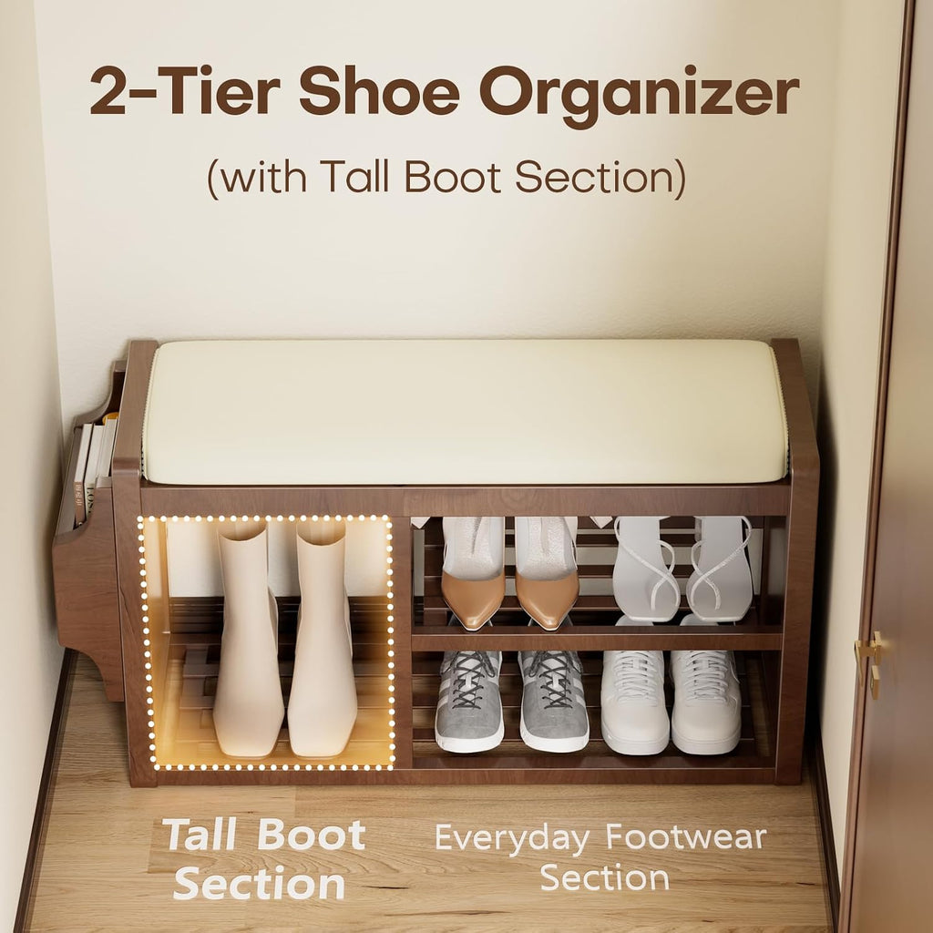 Solid Wood Shoe Bench with Leather Cushion, Shoe Storage Organizer with Side Holder, Shoe Rack Bench for Entryway, Hallway, Living Room, Mudroom, Holds Up to 600lb (Walnut, 31.5"Wx12.6"Dx18.9"H)