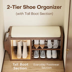 Solid Wood Shoe Bench with Leather Cushion, Shoe Storage Organizer with Side Holder, Shoe Rack Bench for Entryway, Hallway, Living Room, Mudroom, Holds Up to 600lb (Walnut, 31.5"Wx12.6"Dx18.9"H)