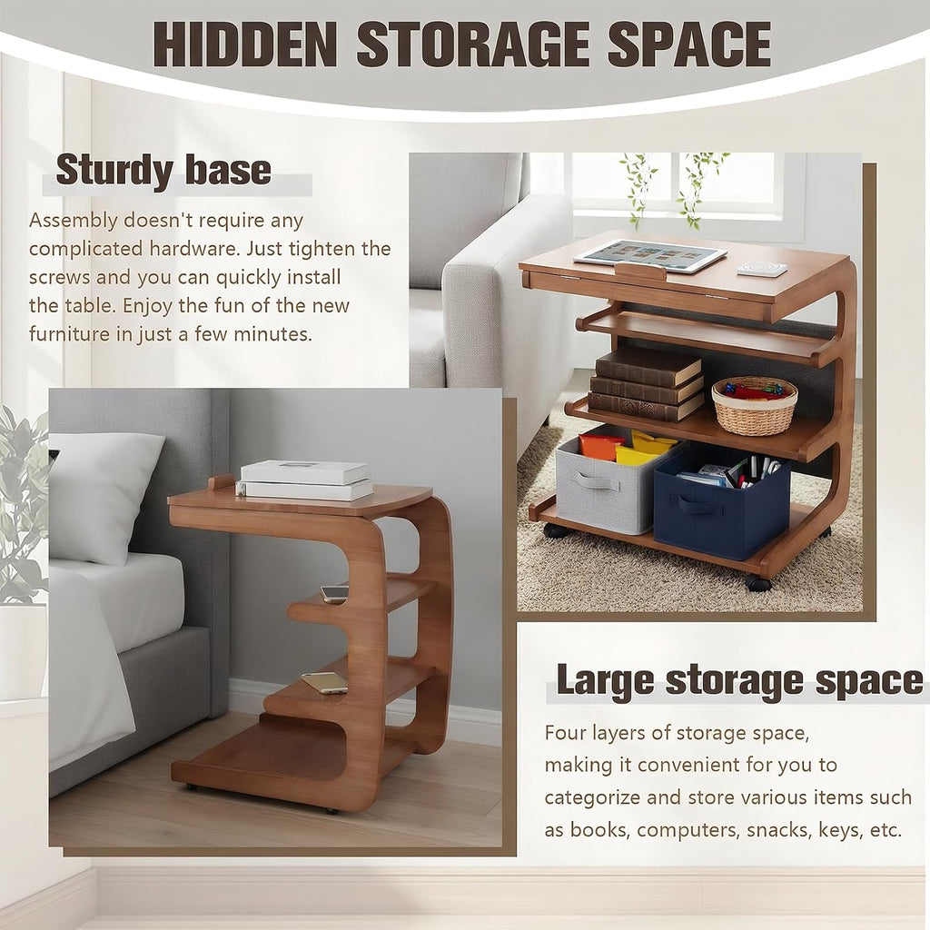 Multi-Layer Storage Rolling Side Table, C Shaped Couch End Table with Edge Stopper & Side Pocket, Mobile Wooden Bedside TV Tray Desk - 23.66" W*18.46" D*24.8" H