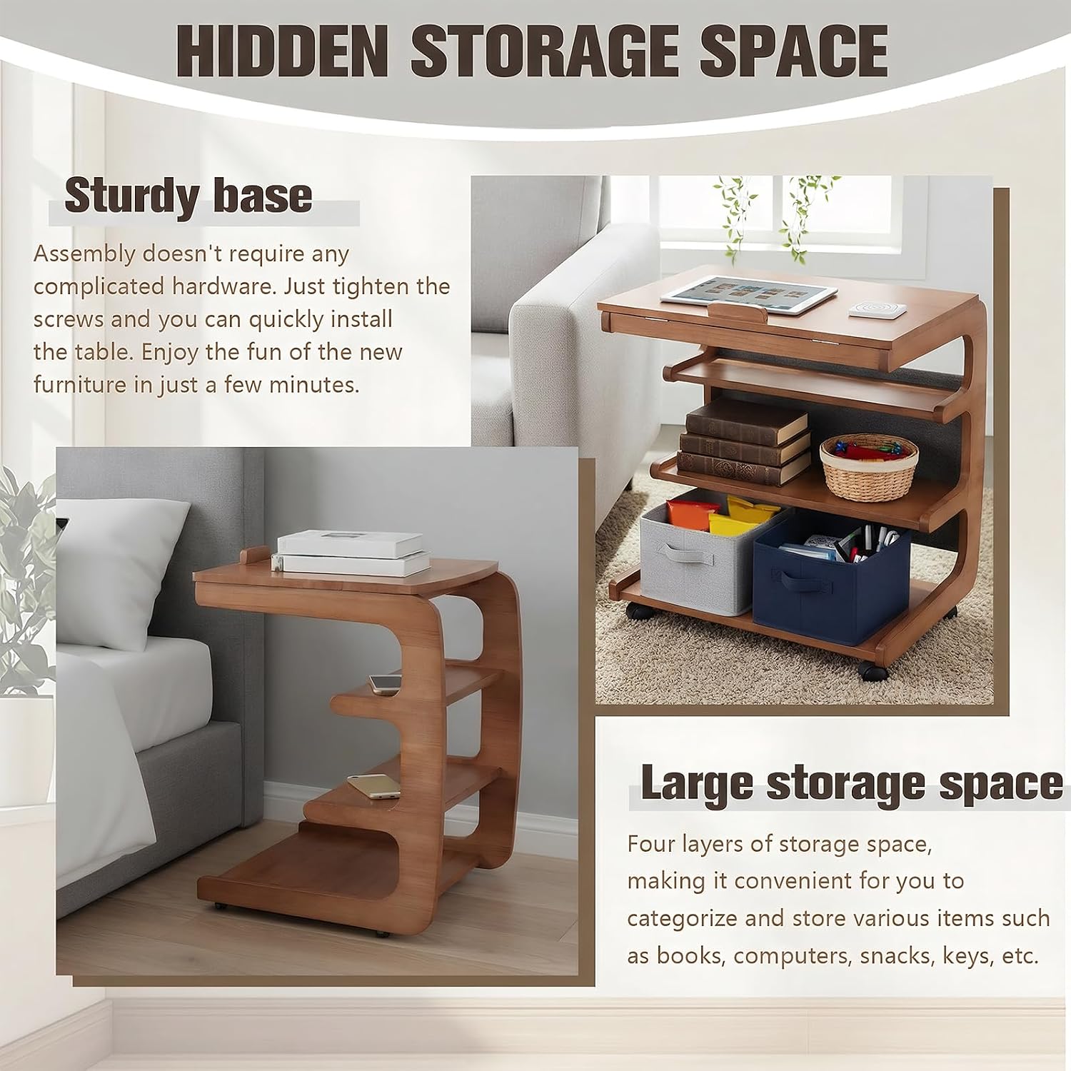 Multi-Layer Storage Rolling Side Table, C Shaped Couch End Table with Edge Stopper & Side Pocket, Mobile Wooden Bedside TV Tray Desk - 23.66" W*18.46" D*24.8" H