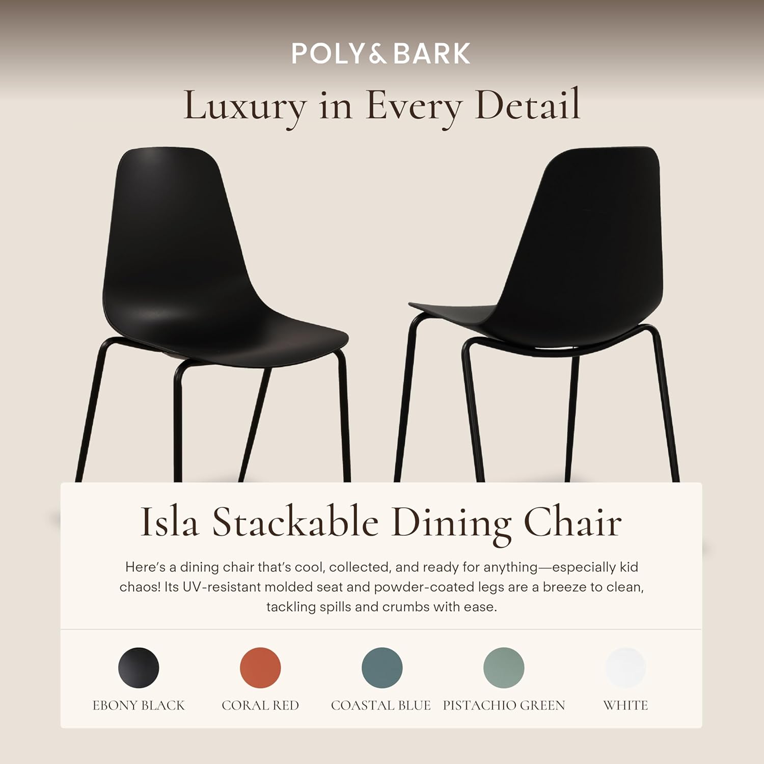 Poly & BARK Isla Stackable Dining Chairs Set of 4 – Mid Century Modern Plastic Dining Chair with Metal Legs – Kitchen & Dining Room Chairs – Dining Table Chairs Set – Indoor/Outdoor – Ebony Black