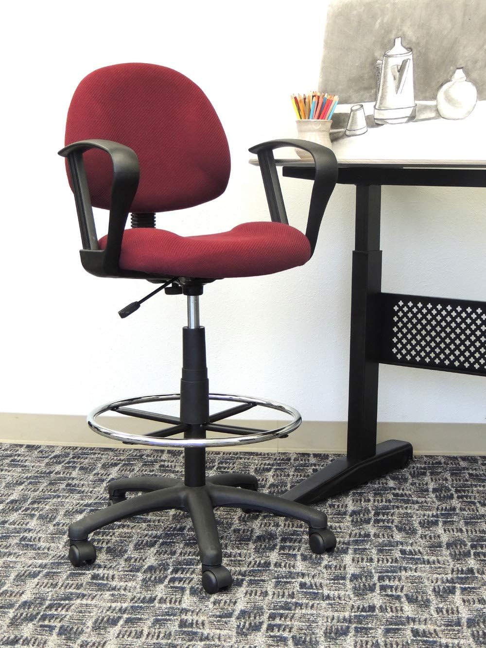 BOSS Office Products Ergonomic Works Drafting Chair with Loop Arms in Burgundy