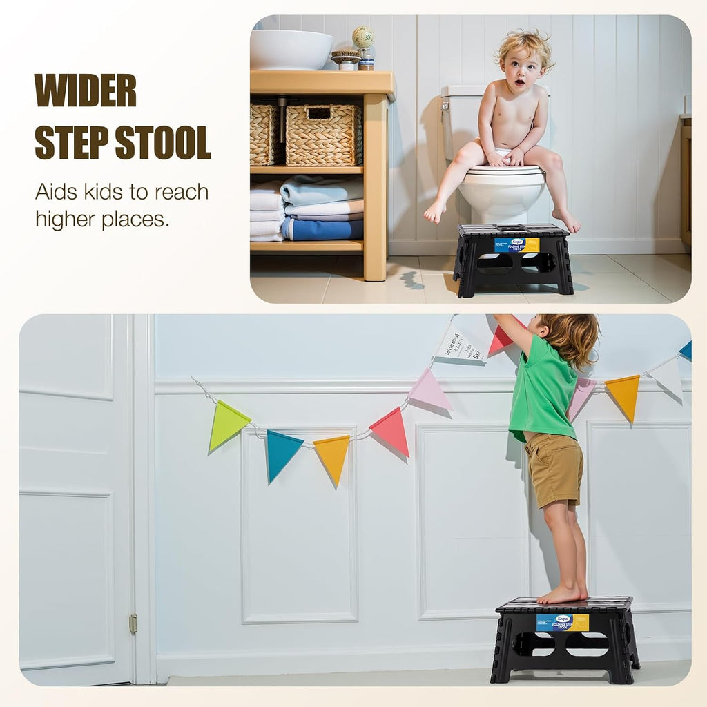 Korpai 9" Folding Step Stool for Adults and Kids 15-Inch Extra Wide Stool Holds Up to 300 lbs,Non-Slip Folding Stools with Handle,Compact Plastic Foldable Step Stool for Bathroom,Kitchen,ect, Black