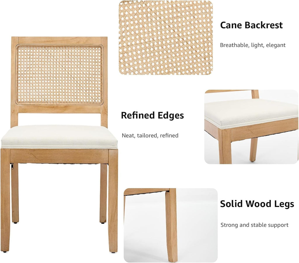 French Country Dining Chairs Set of 6, Beige Modern Kitchen & Dining Room Chairs, Rattan Dining Chair with Linen Upholstered Cushion, Low Cane Back, Wood Legs, Sillas de Comedor (Beige, 6 Pcs)