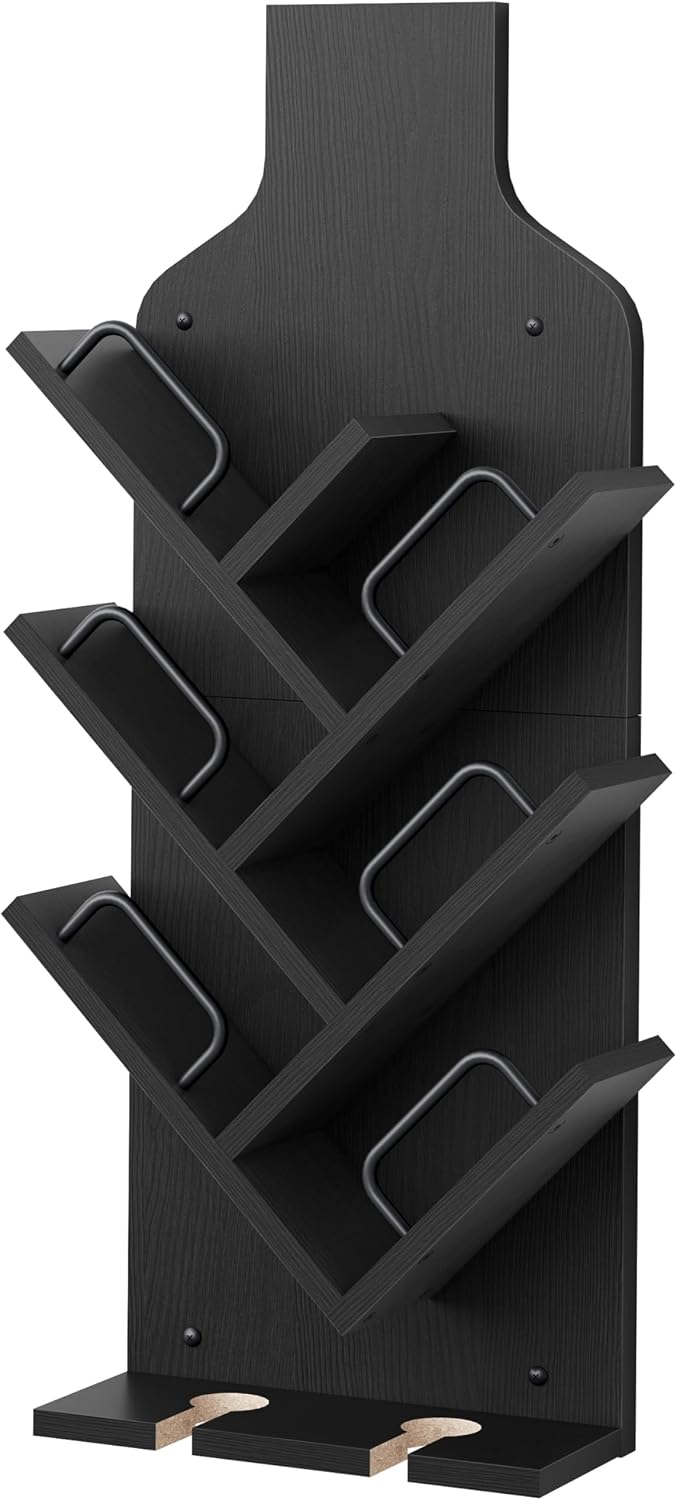 FAVOOSTY Wine Rack Wall Mounted for 6 Wine Bottles, Wall Racks for Wine Bottles Display and Storage with Glass Holder, Wood Wine Rack for Living Room, Dining Room, Wine Cellar, Bar (Black)