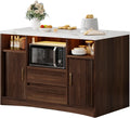 Kitchen Island with Power Outlet and LED Lights, 47" Rolling Kitchen Island Table with Storage, Marble Top Mobile Kitchen Cart on Wheels with Microwave Space & Drawers & Sliding Doors, Walnut