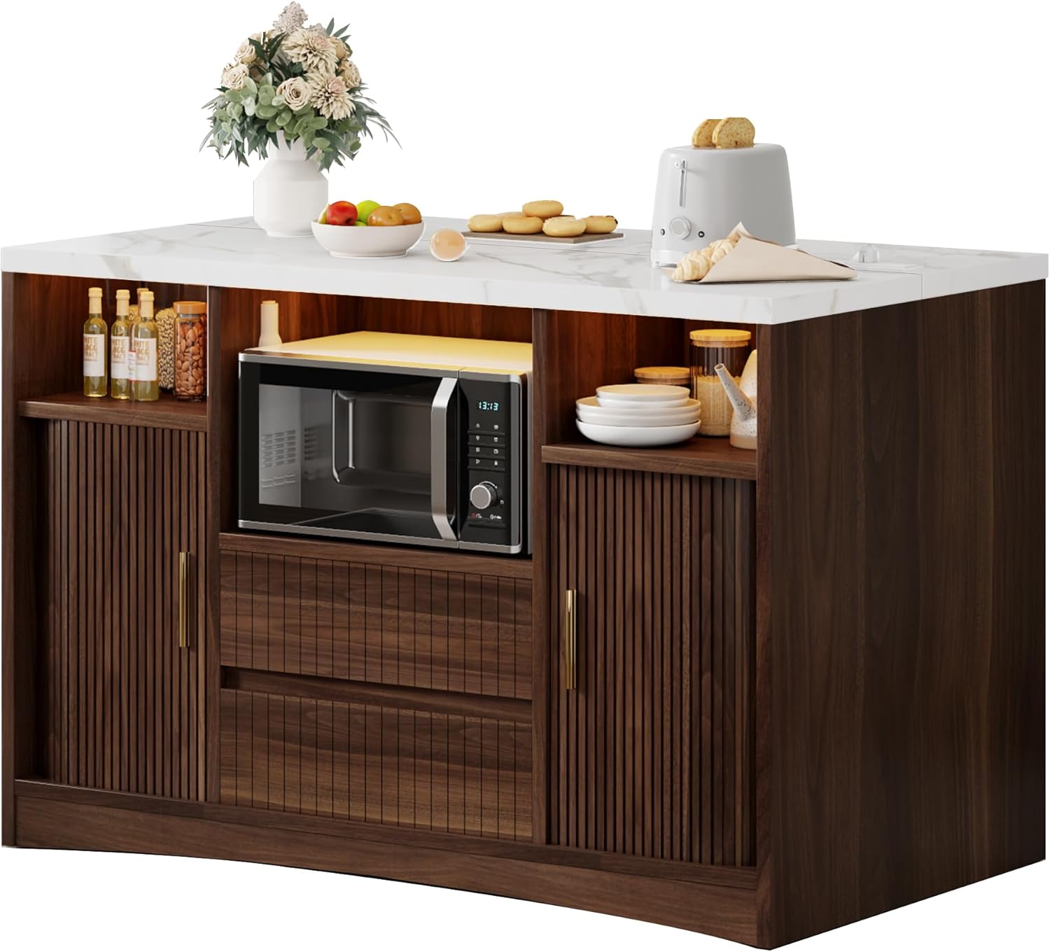 Kitchen Island with Power Outlet and LED Lights, 47" Rolling Kitchen Island Table with Storage, Marble Top Mobile Kitchen Cart on Wheels with Microwave Space & Drawers & Sliding Doors, Walnut