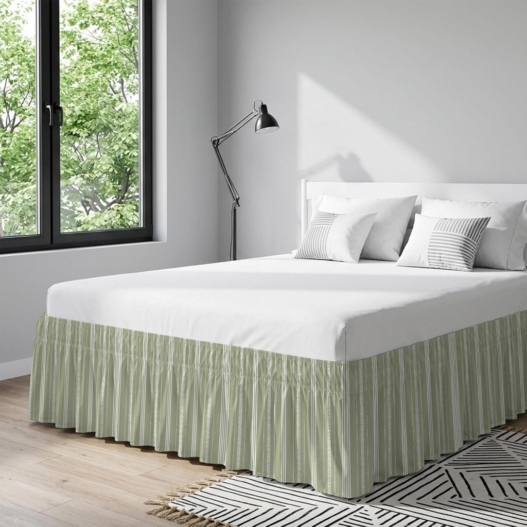 Boho Sage Green Bed Skirt Queen Size 16 Inch Drop, Adjustable & Elastic Wrap Around Bed Skirts Pleated Luxury Dust Ruffles for Twin Full Queen Cal King Base Bed, Minimalist Farmhouse Striped