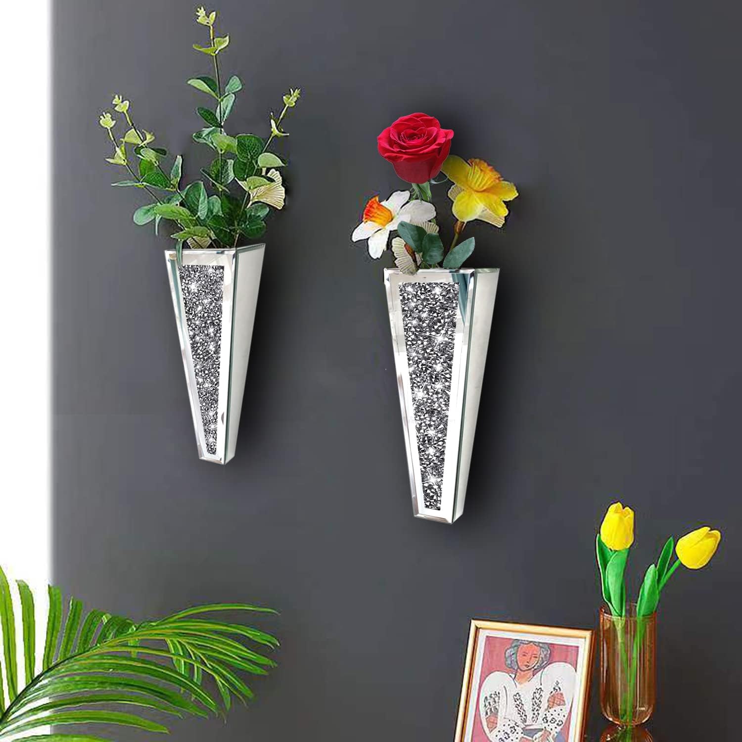 Flower Vase Crushed Diamond Mirrored Hanging Planter& Geometric Decor Mirrored Container,Silver Decorative Mirror Vase Luxury for Home Decor.befit for Faux Plants.Can’t Hold Water.(Set of 2)