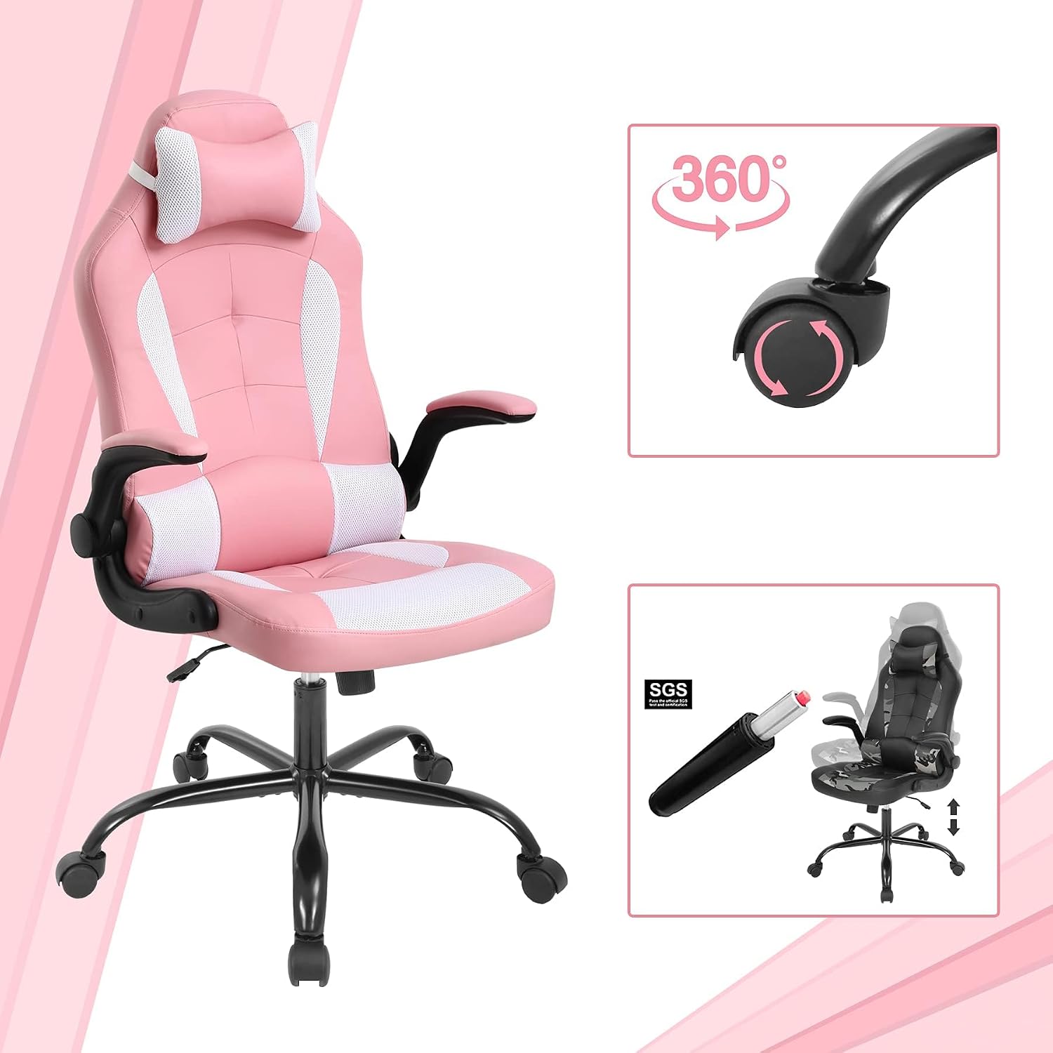 Pink Gaming Desk Chair PC Gaming Chair Gamer Chair, Comftorable Ergonomic PU Leather Computer Office Chair with Lumbar Support Flip Up Arms, High Back Executive Gaming Stuff for Girl Kids Adults