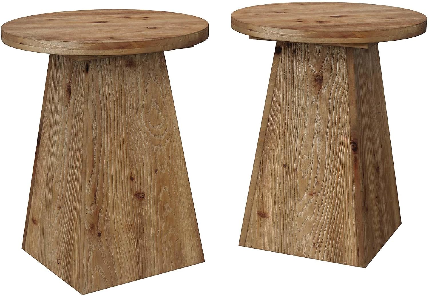 Solid Wood End Table Set of 2, 19” Round Side Table with Trapezoid Base for Small Spaces, Living Room, Easy Assembly, Vintage Brown