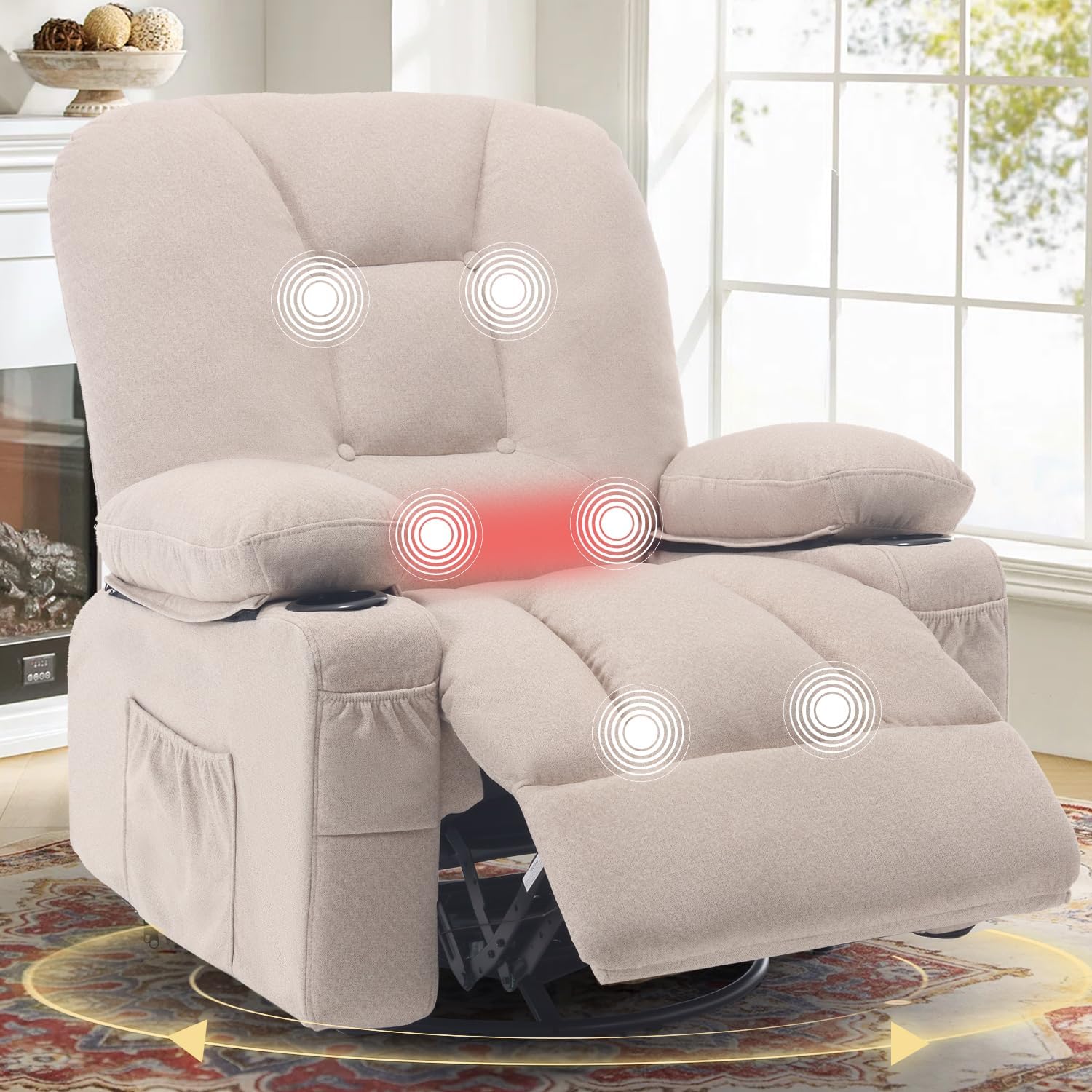 Rocker Recliner Chair with Massage and Heat, Oversized Rocking Nursery Recliners Overstuffed Swivel Glider with Cup Holder, Fabric Manual Single Sofa for Living Room, Beige