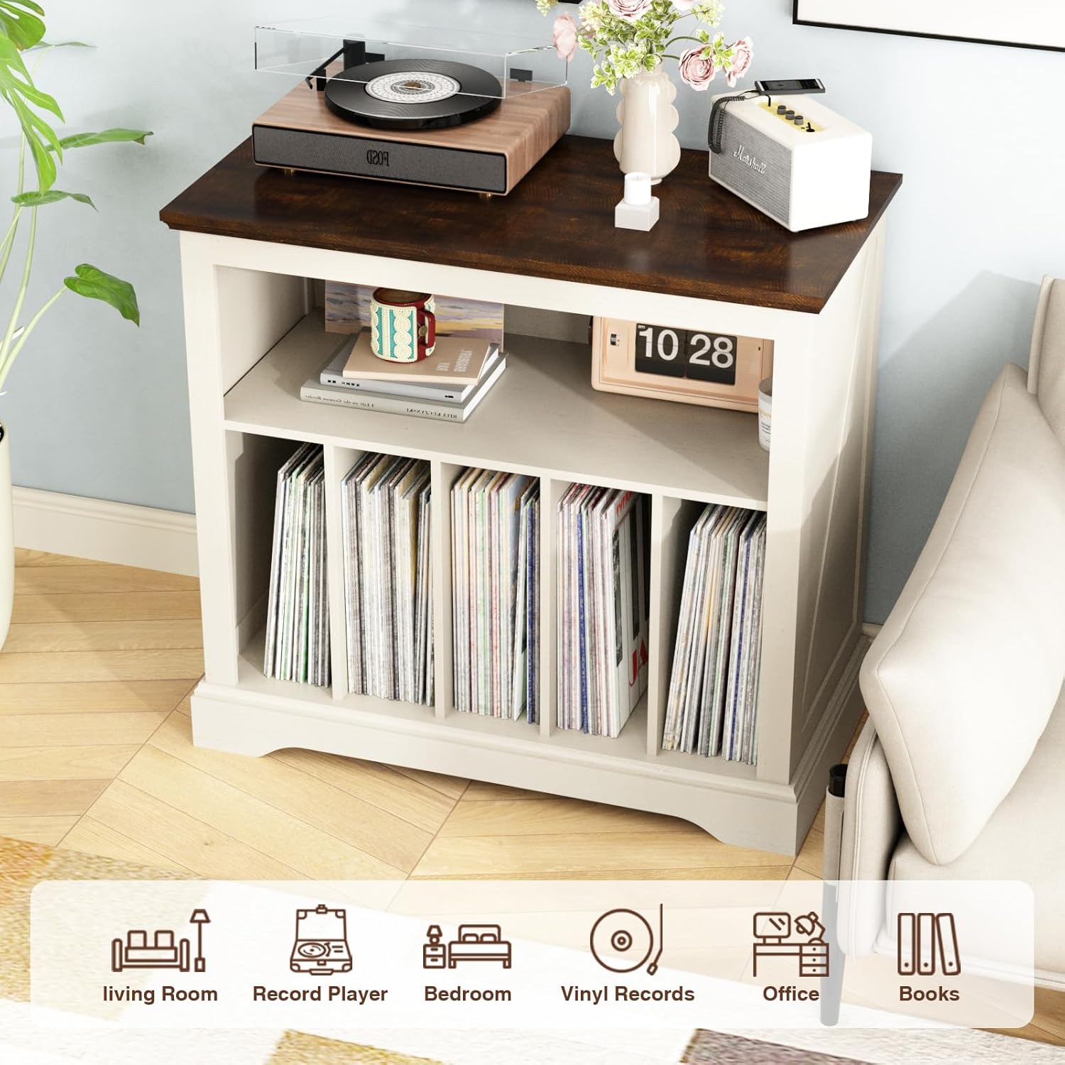 RowyPoey Large Farmhouse Record Player Stand, Turntable Stand with Vinyl Storage, Wood Record Holder Storage Cabinet Dispaly Shelf for Living Room, Bedroom, Office, Antique White