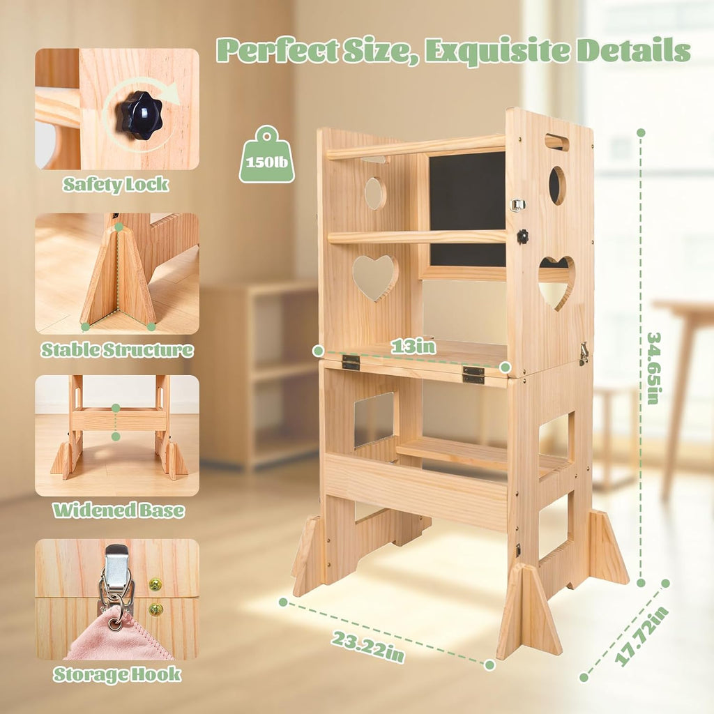 Heifriday Toddler Kitchen Step Stool for Kids 4-in-1 Hardwood Foldable Learning Standing Tower with Blackboard and Anti-tip Pad,Wooden Kitchen Stool Helper for 1-3 Year Old Boy Girl Gifts