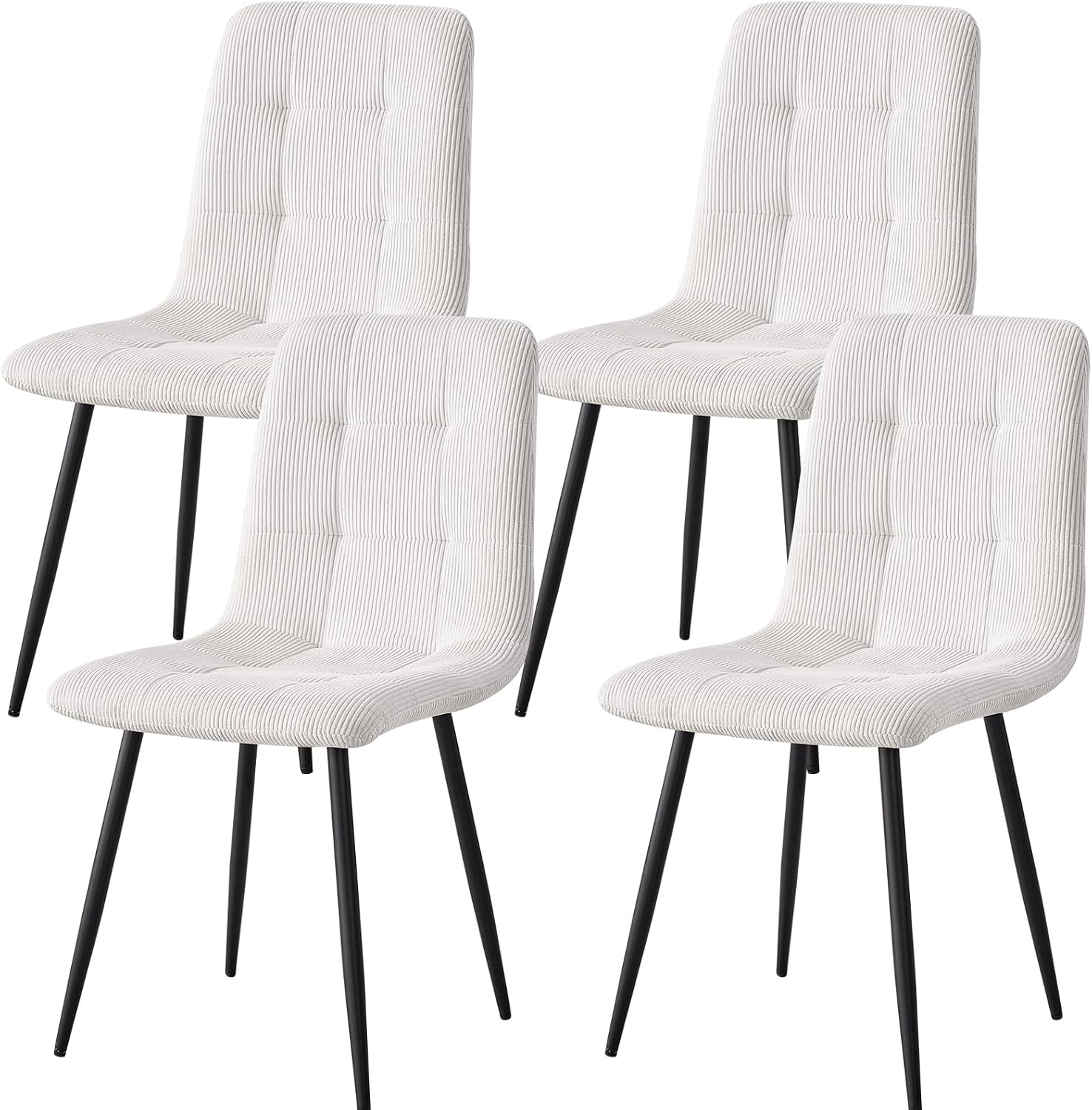 Corduroy Dining Chairs Set of 4, Modern Upholstered Fabric Kitchen Chairs with Metal Legs Adjustable Pads, White
