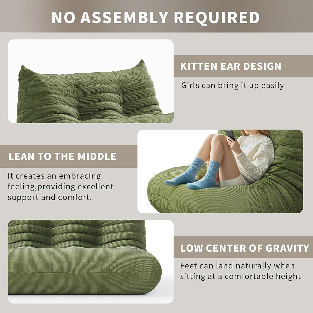 Bean Bag Chair for Adults Fireside 3 Seater Sofa Floor Lazy Couches with Ergonomic Design Corduroy Cozy Memory Foam Lounger Couch for Dorm, Apartment and Gaming Venue,Olive Green