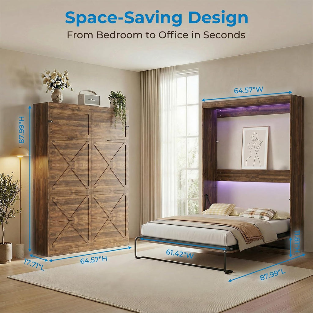 Mjkone Cabinet Beds Queen Size, Hidden Murphy Wall Bed, 64.6" W Queen Murphy Cabinet Chest Beds with 16 Colors of LED Lights, Space-Saving Design Guest Bed for Apartment, Offices, Small Space, Brown