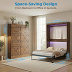Mjkone Cabinet Beds Queen Size, Hidden Murphy Wall Bed, 64.6" W Queen Murphy Cabinet Chest Beds with 16 Colors of LED Lights, Space-Saving Design Guest Bed for Apartment, Offices, Small Space, Brown