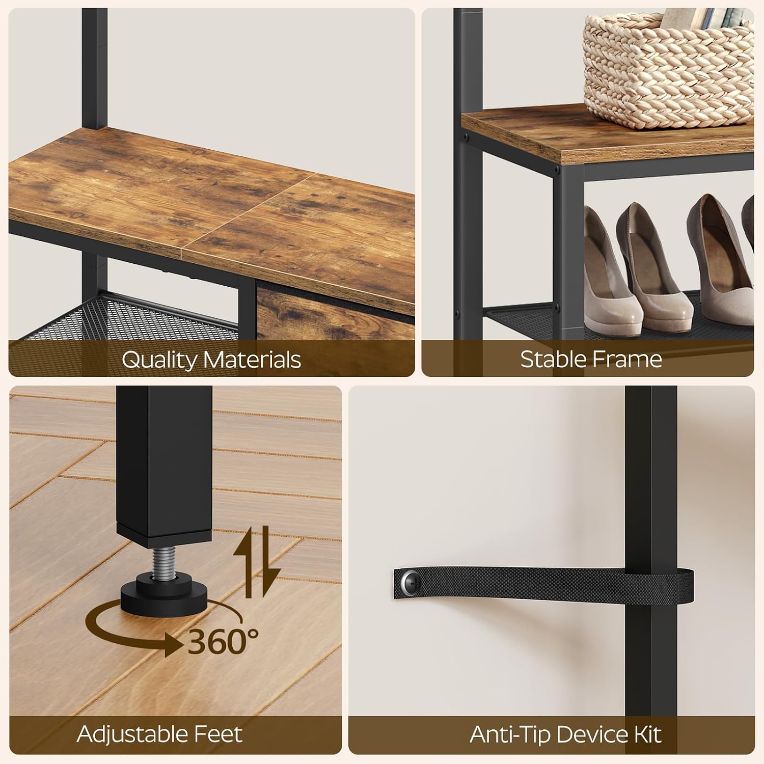 YATINEY 5-in-1 Hall Tree with Drawers, Entryway Bench with 8 Adjustable Coat Rack and Shoe Storage, Industrial Coat Rack with Bench for Entryway and Front Door, Rustic Brown and Black MT06BR
