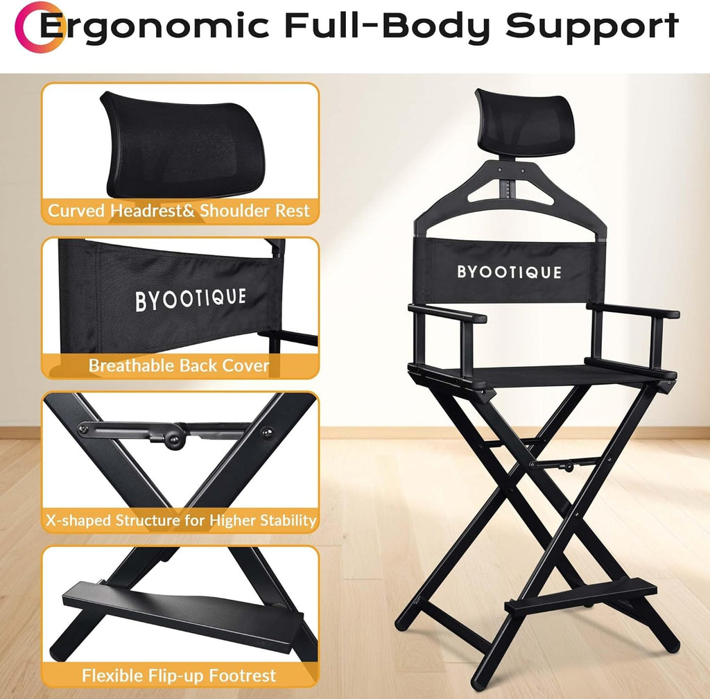 BYOOTIQUE Makeup Artist Stool Chair Protable 28" Height Tall Folding Directors Chair Aluminum Makeup Chair with Head Rest for Wedding Hair Stylist Studio Salon Vanity Craft Show, Black