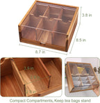 HTB Acacia Wood Tea Bag Organizer Storage Box with 6 Compartments | Tea Chest Box with Clear Acrylic Transparent Hinged Lid,Tea Bag Holder for Kitchen,Office,Bar,Coffee Station