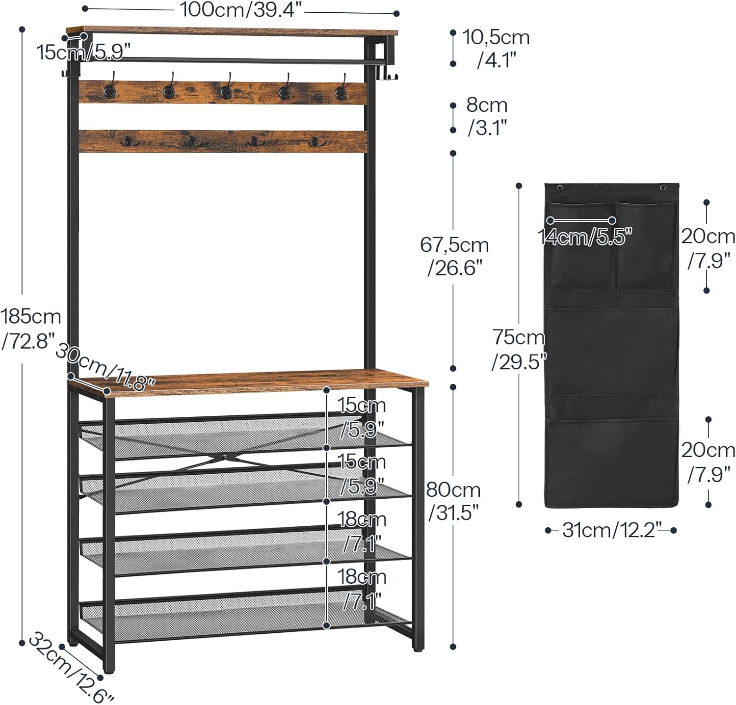 HOOBRO Hall Tree with Bench, Entryway Coat Rack with Shoe Rack, 39.4" Shoe and Coat Rack, 5 Tier Shoe Storage Organizer with Oxford Fabric Side Pockets, Adjustable Mesh Shelves, Rustic Brown BF76MT01