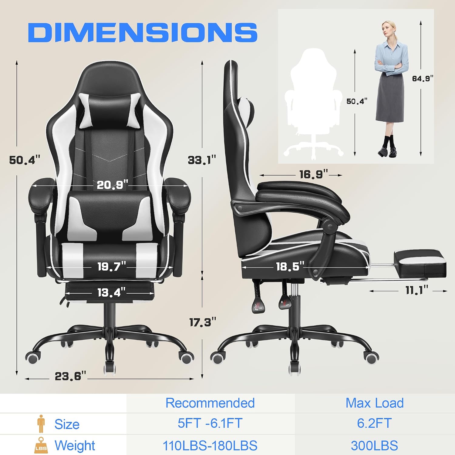 GUNJI Gaming Chair, Computer Chair with Footrest and Lumbar Support, Gaming Chair with Adjustable Reclining Angle, 360° Swivel Seat and Headrest,Thickened for Office and Video Games, White