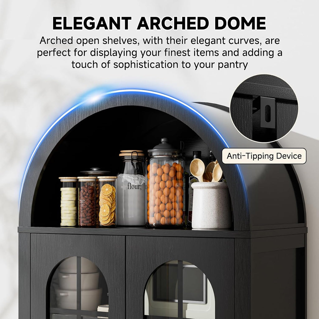 DoCred 71" Tall Arched Kitchen Pantry with Glass Doors, Retro Wood Arched Cabinet, Luxury Arch Bookshelf, 4 Shelves & 2 Drawers, Storage Cabinet for Kitchen, Dining Room, Living Room,Black