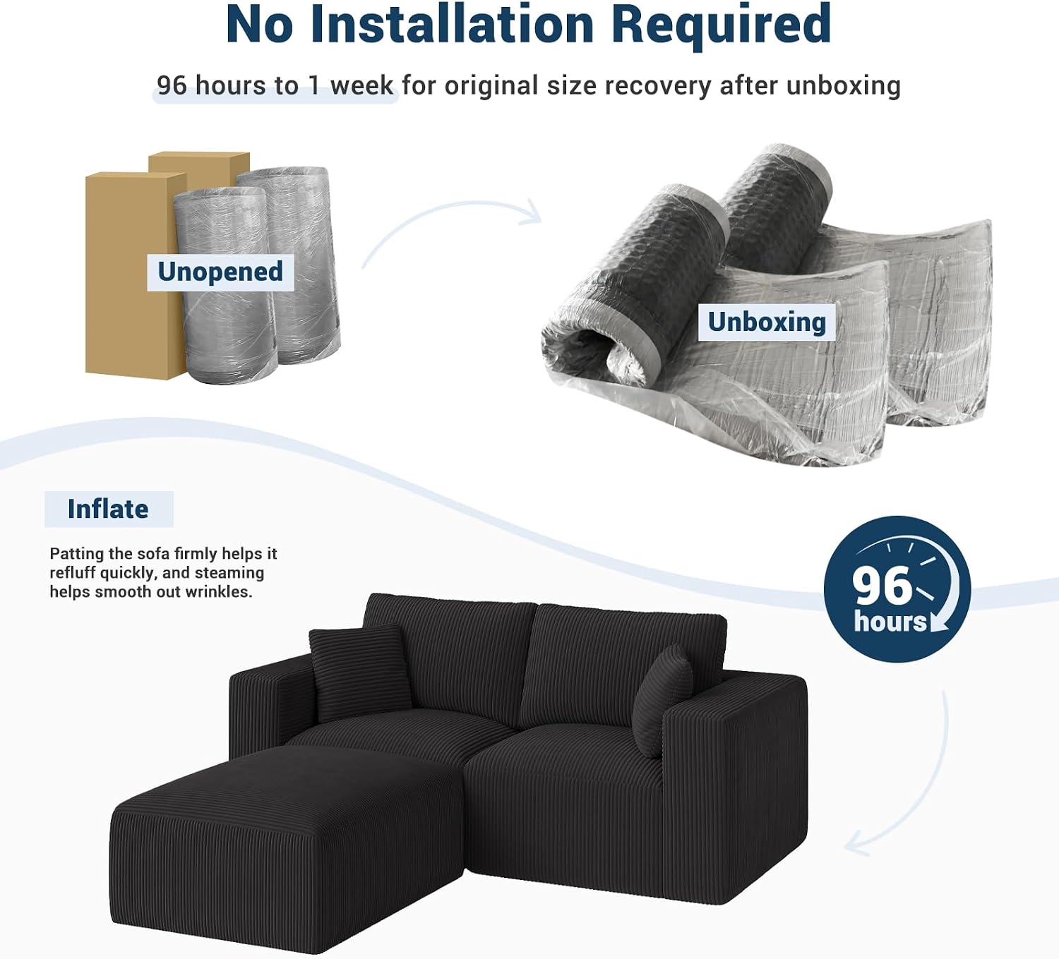 Modular Sleeper Sofa Couch Modern Sectional Couches for Living Room - 79" L-Shaped Boneless Cloud Couch - Easy Assembly Corduroy Convertible Sponge Compression Sofas with Chaise for Home House(Black)